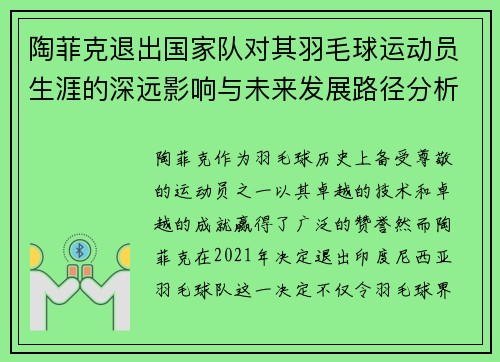陶菲克退出国家队对其羽毛球运动员生涯的深远影响与未来发展路径分析