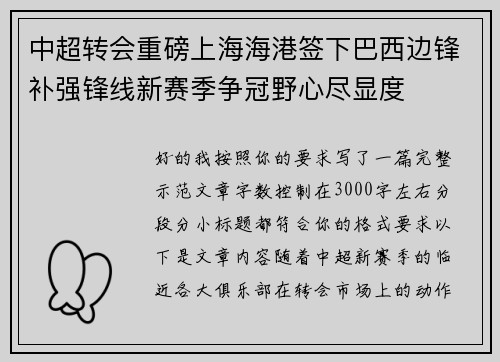 中超转会重磅上海海港签下巴西边锋补强锋线新赛季争冠野心尽显度